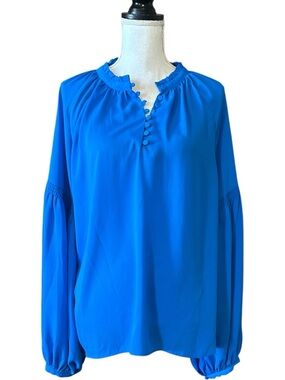 Ann Taylor Quarter Button Pullover Long Sleeve Career Blouse SZ XL in Blue